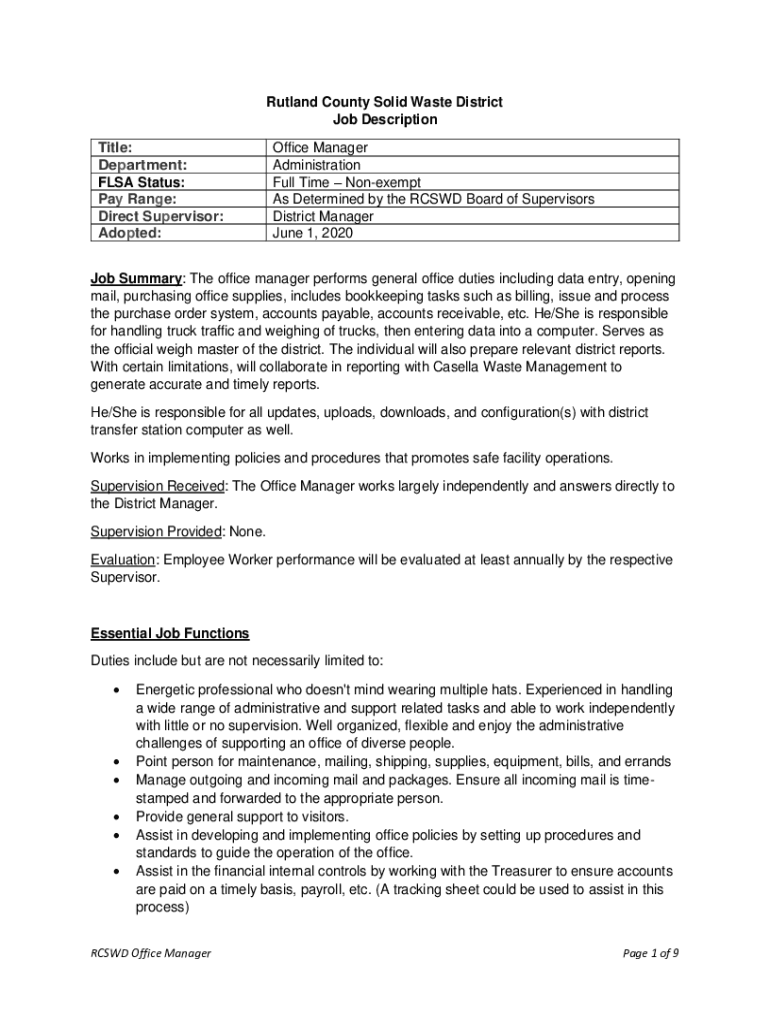 Fillable Online Rutland County Solid Waste District Office Manager Fax