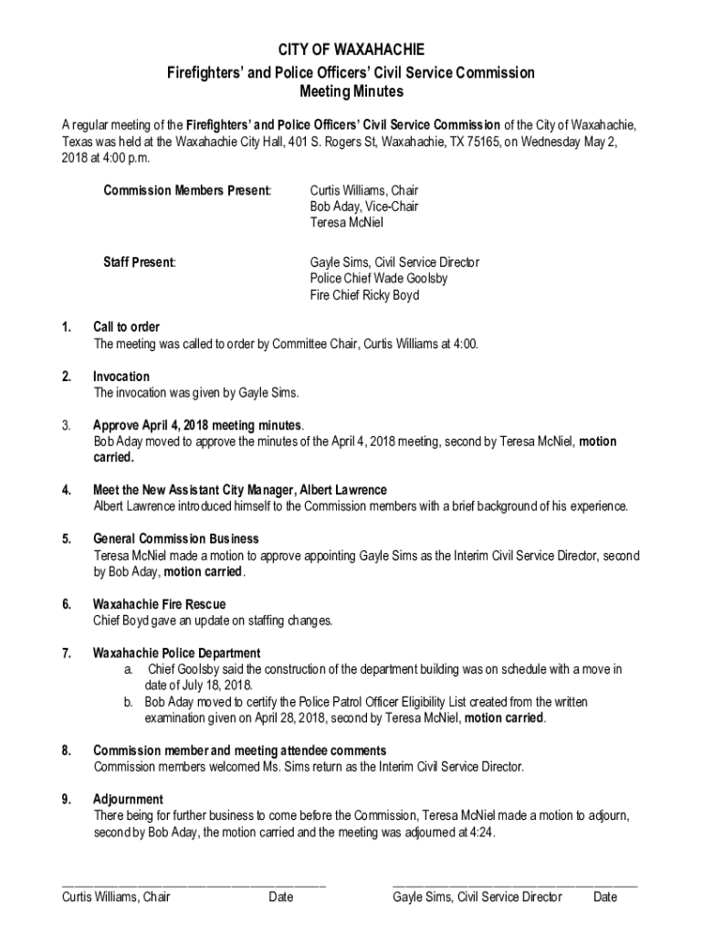 Fillable Online Texas was held at the Waxahachie City Hall, 401 S Fax