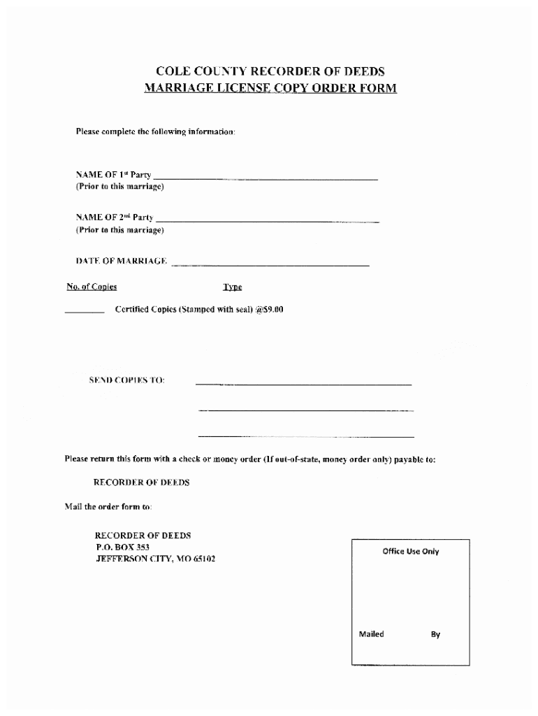 Fillable Online cole county recorder of deeds marriage ttcense copy