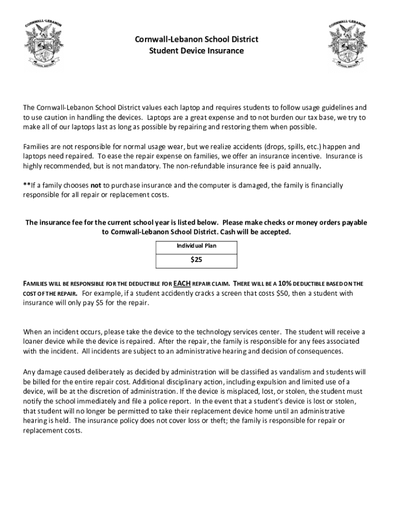 Fillable Online CornwallLebanon School District Student Device