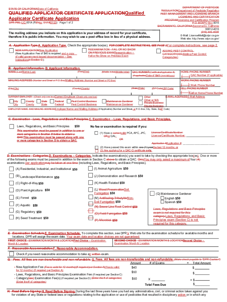Fillable Online Qualified Applicator Certificate Application, DPR form