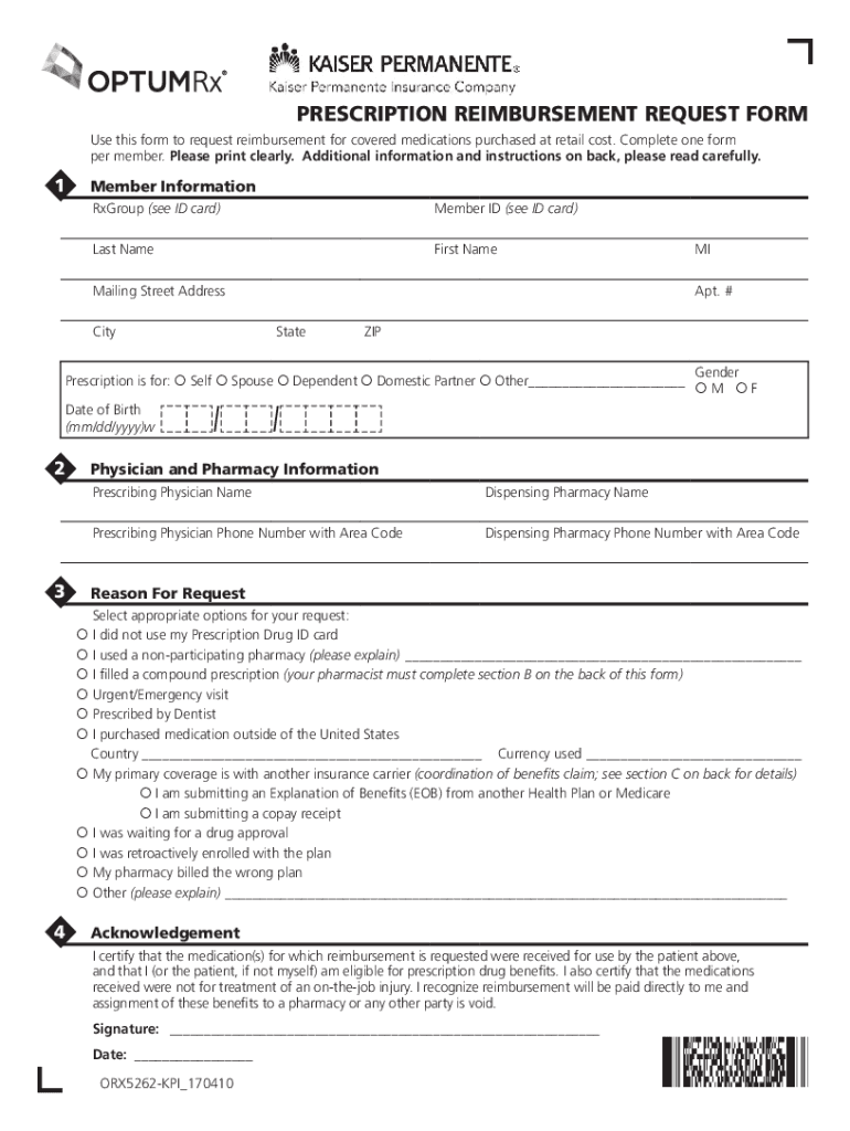 Fillable Online Kaiser Prescription Reimbursement Request Form Fax