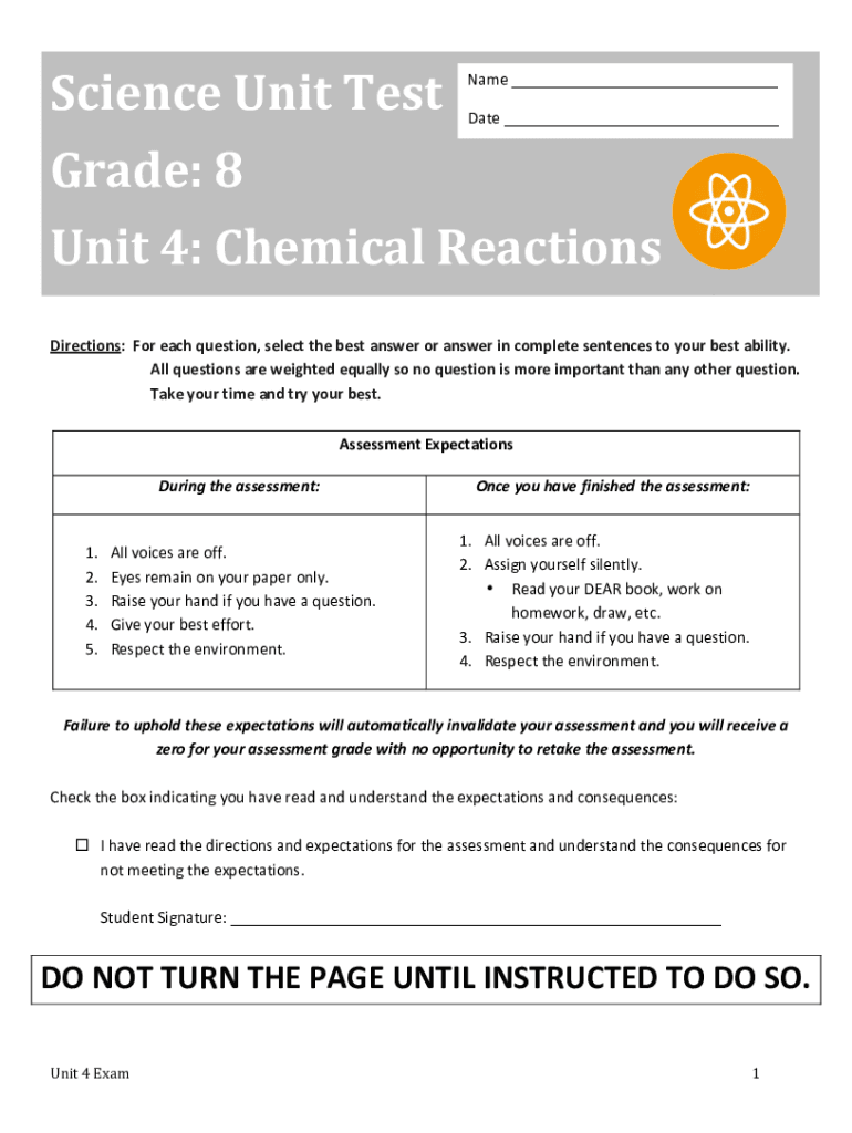 Fillable Online Science Unit Test Grade 8 Unit 4 Chemical Reactions