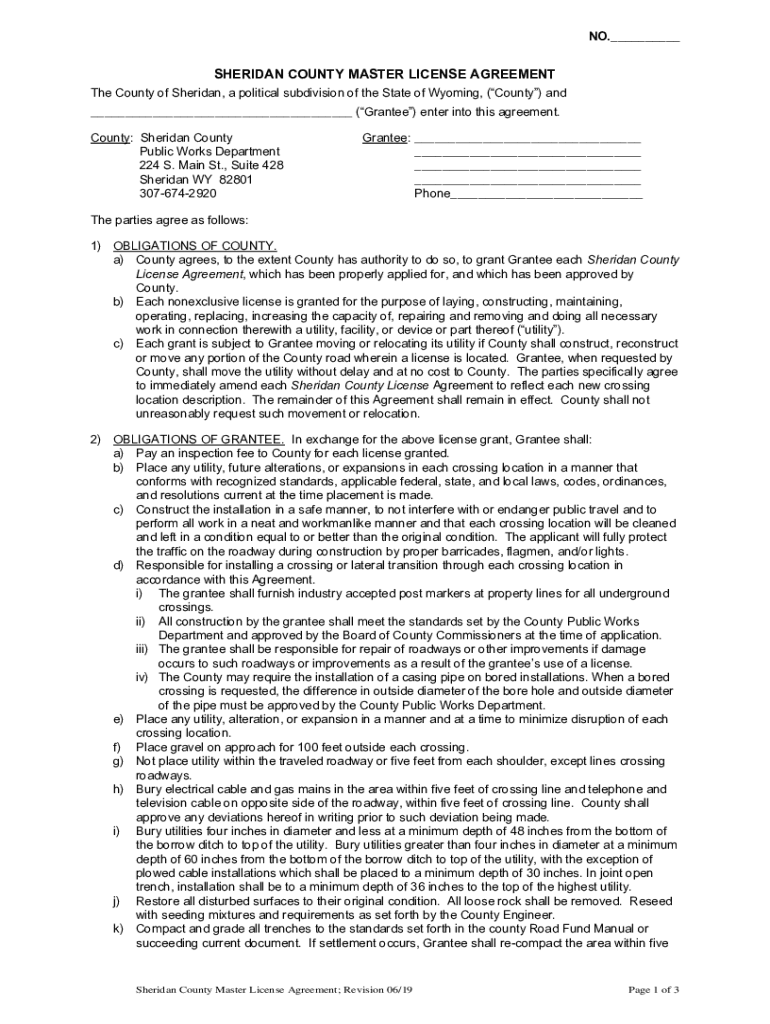 Fillable Online sheridan county master license agreement Fax Email