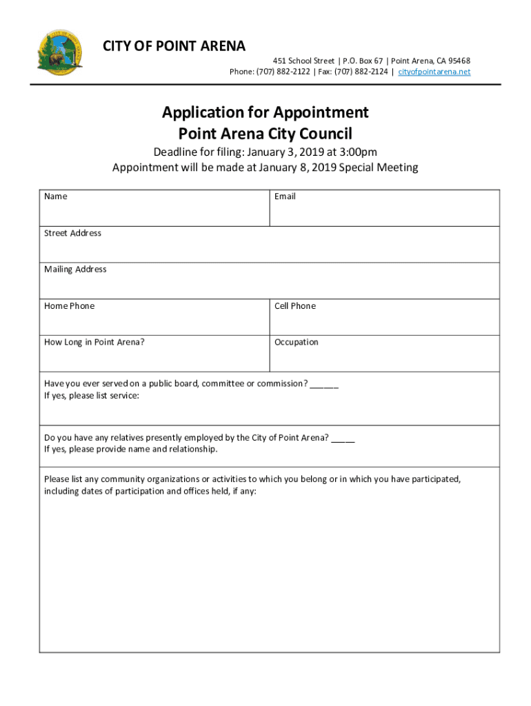 Fillable Online Application for Appointment Point Arena City Council