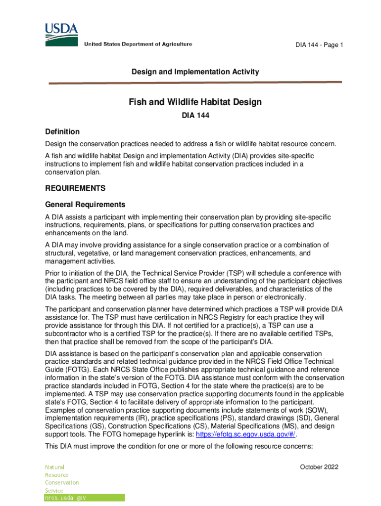 Fillable Online FY23DIA 144Fish and Wildlife Habitat. Template for the development of NRCS