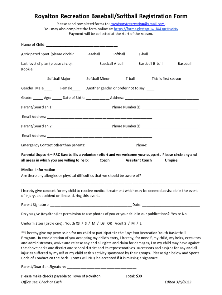 Fillable Online Royalton Recreation Baseball/Softball Registration Form