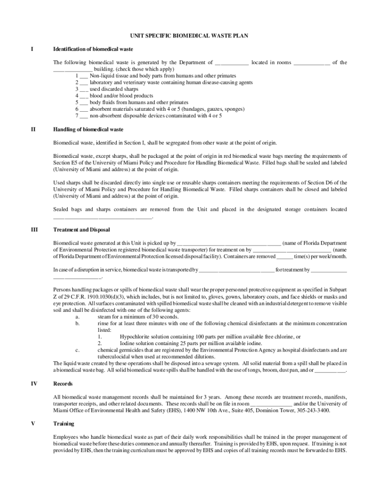 Fillable Online Unit Specific Biomedical Waste Plan Fax Email Print pdfFiller