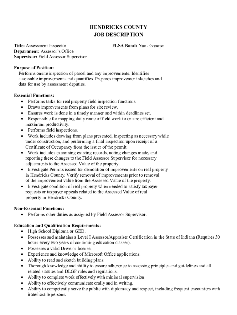 Fillable Online job description Hendricks County Government Fax Email
