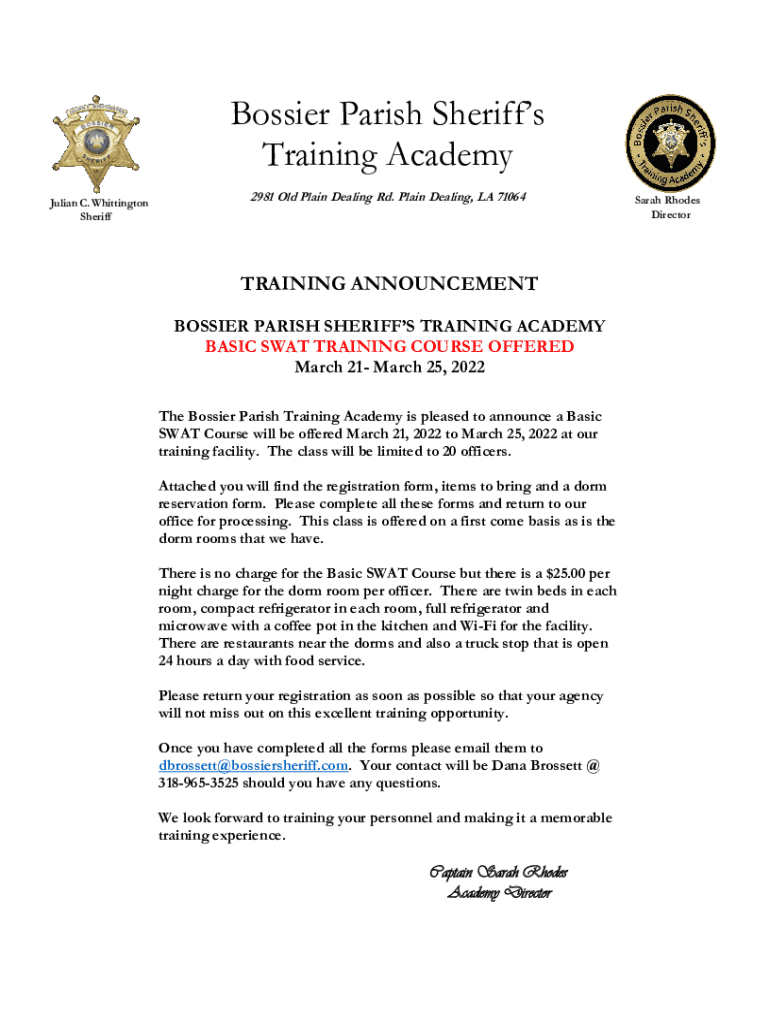 Fillable Online Sheriff's Training Class... Bossier Parish Sheriff's Office Fax Email Print