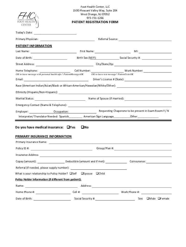 Fillable Online EForms Foot Doctor in West Orange, NJ Fax Email