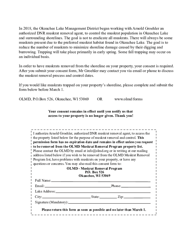 Fillable Online Okauchee Lake ManagmentMuskrat Removal Consent Form