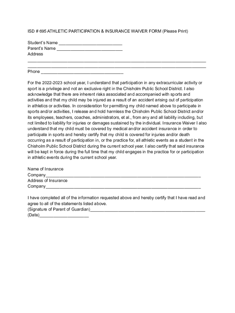 Fillable Online Copy of ISD 695 ATHLETIC PARTICIPATION & INSURANCE