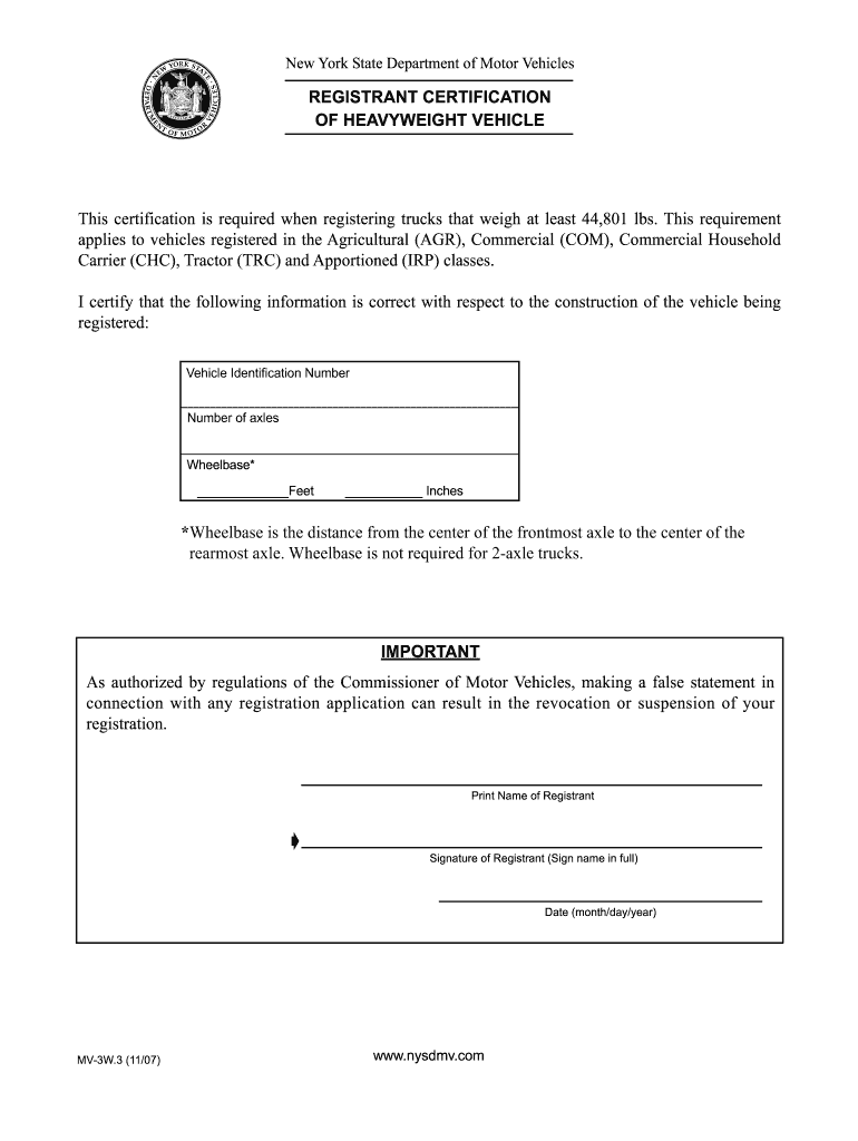 Fillable Online dmv ny Registrant Certification of Heavyweight Vehicle