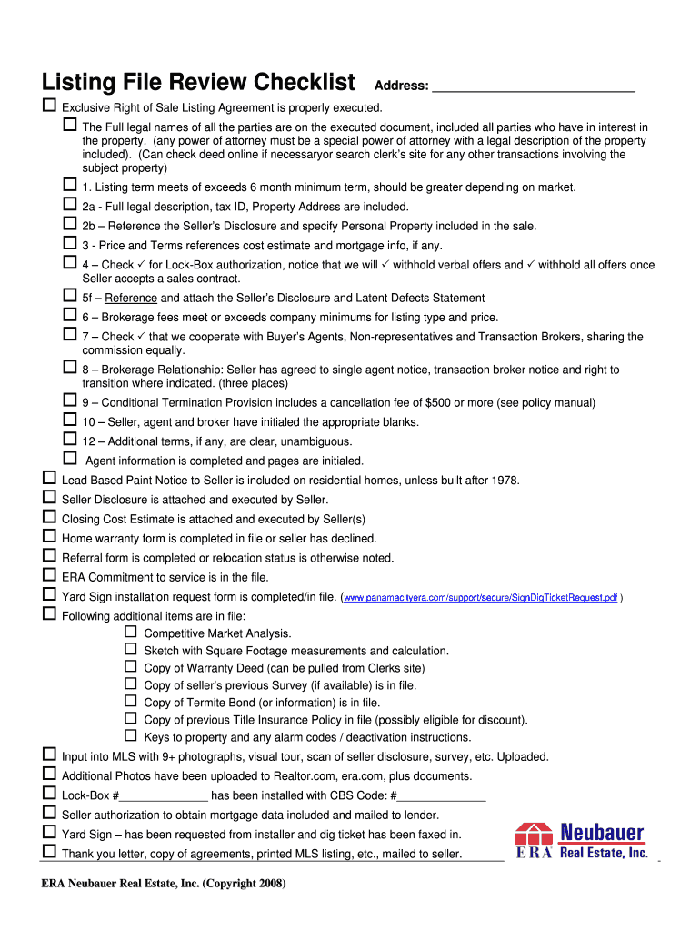 Fillable Online Listing Review Checklist ERA Neubauer Real Estate Inc