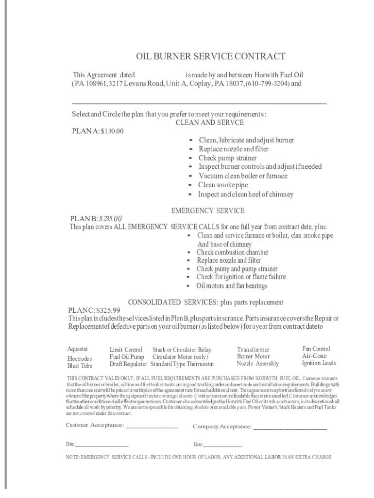 Fillable Online Oil Burner Service Agreement Fax Email Print pdfFiller