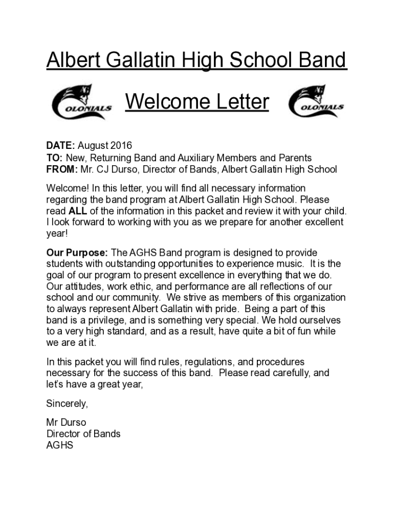 Fillable Online Albert Gallatin High School Band Letter Fax Email Print pdfFiller