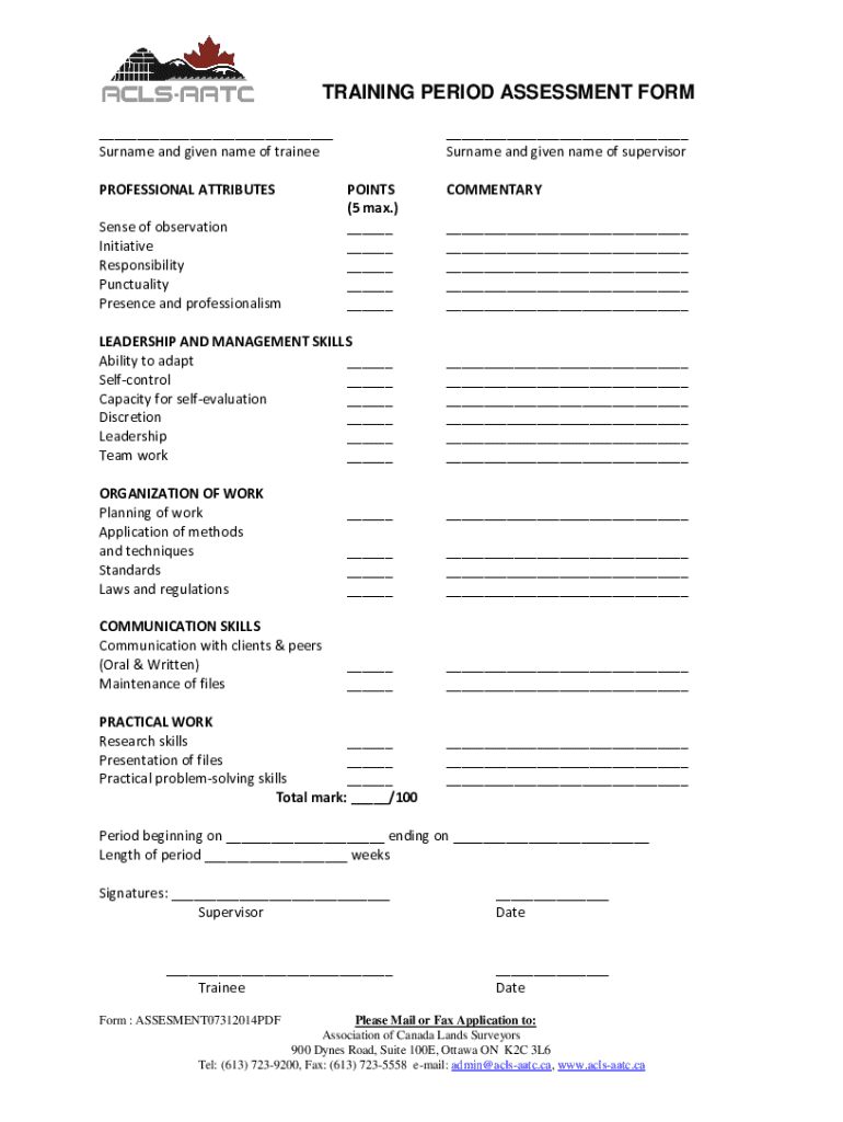 Fillable Online TRAINING PERIOD ASSESSMENT FORM Fax Email Print pdfFiller