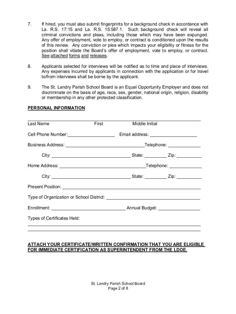 Fillable Online Superintendent Application Form The St. Landry Parish
