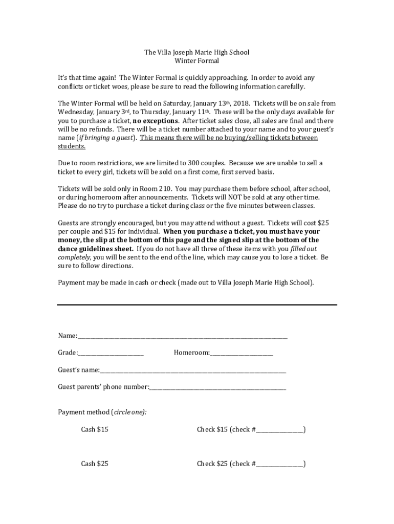 Fillable Online The Villa Joseph Marie High School Winter Formal Fax