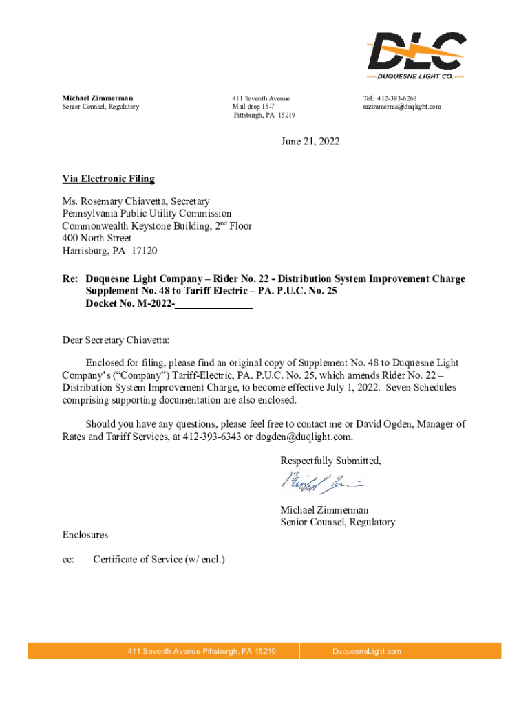 Fillable Online Duquesne Light Company New Tariff Electric PA PUC