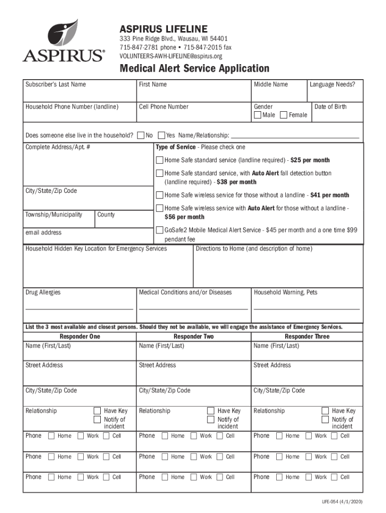 Fillable Online ASPIRUS LIFELINE Medical Alert Service Application