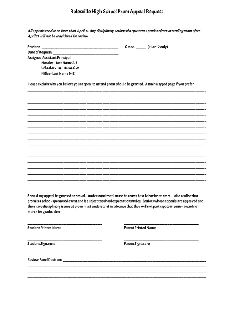 Fillable Online Rolesville High School Prom Appeal Request Fax Email