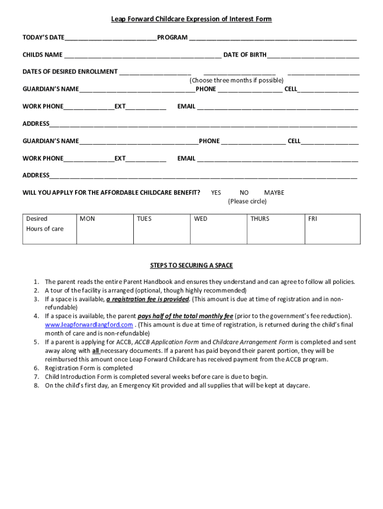 Fillable Online Leap Forward Childcare Expression of Interest Form Fax