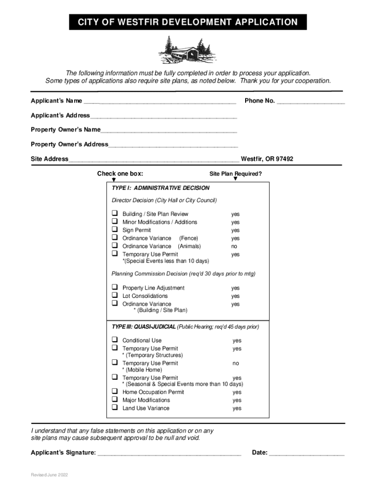 Fillable Online city of westfir development application Fax Email Print