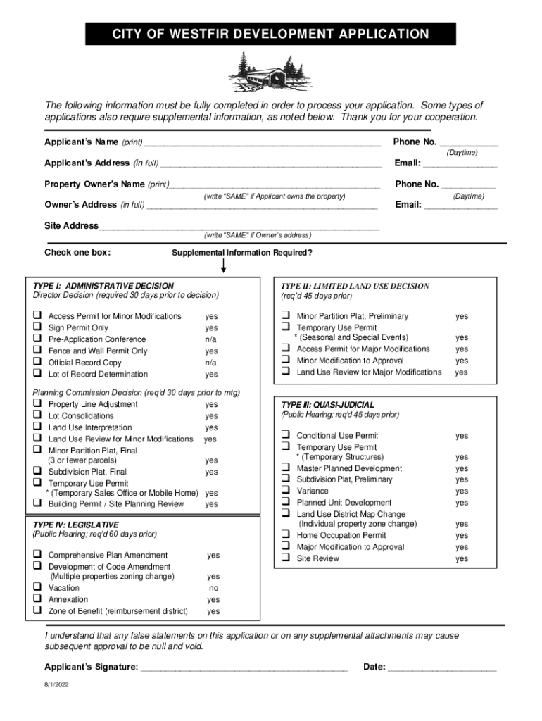 Fillable Online City of Westfir Development Application Fax Email Print