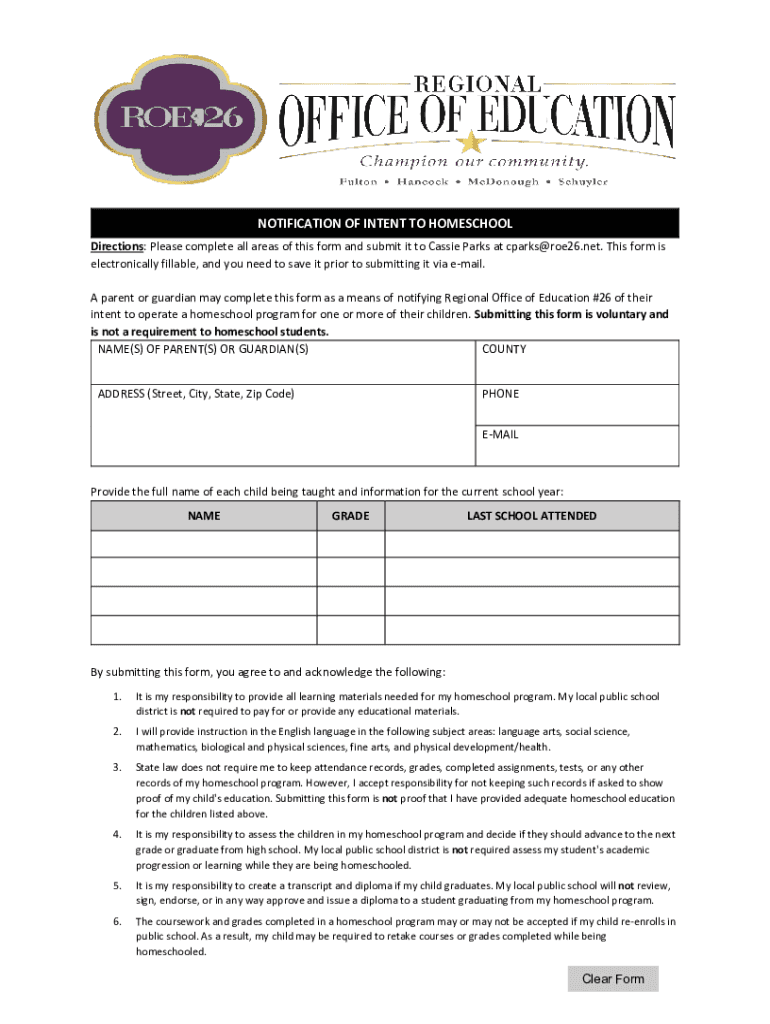 Fillable Online NOTIFICATION OF INTENT TO HOMESCHOOL Fax Email Print