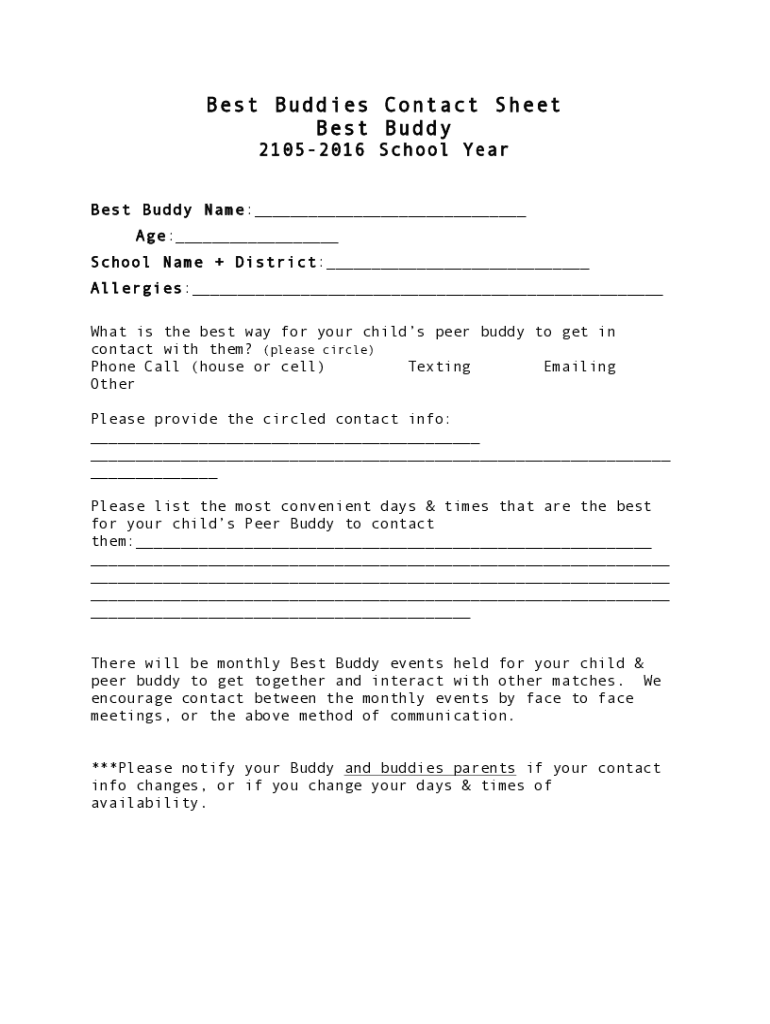 Fillable Online Best Buddies Contact Sheet Best Buddy Fax Email Print
