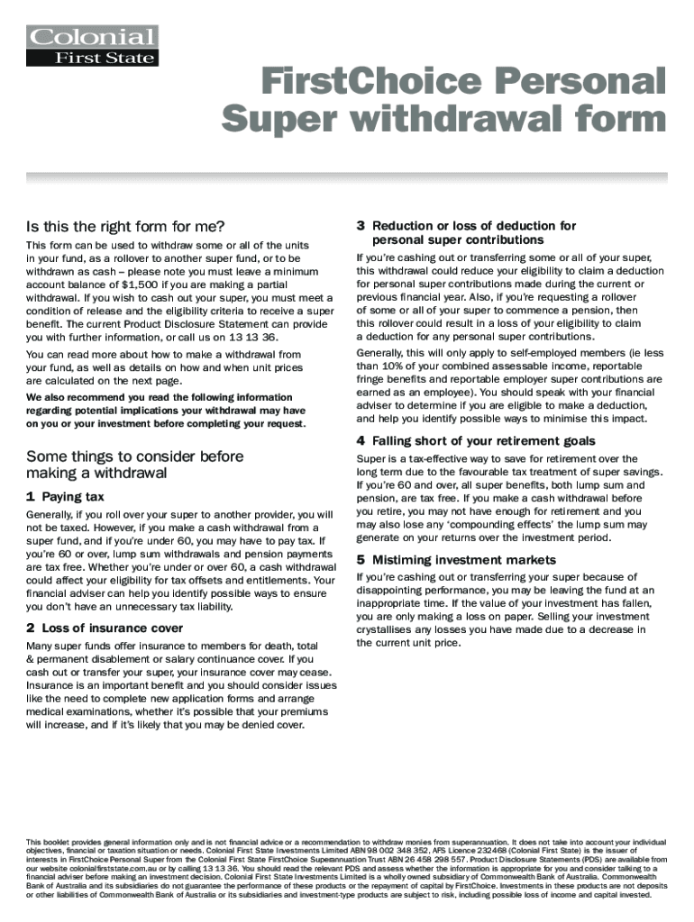 Fillable Online FIRSTCHOICE EMPLOYER SUPER WITHDRAWAL FORM Fax Email