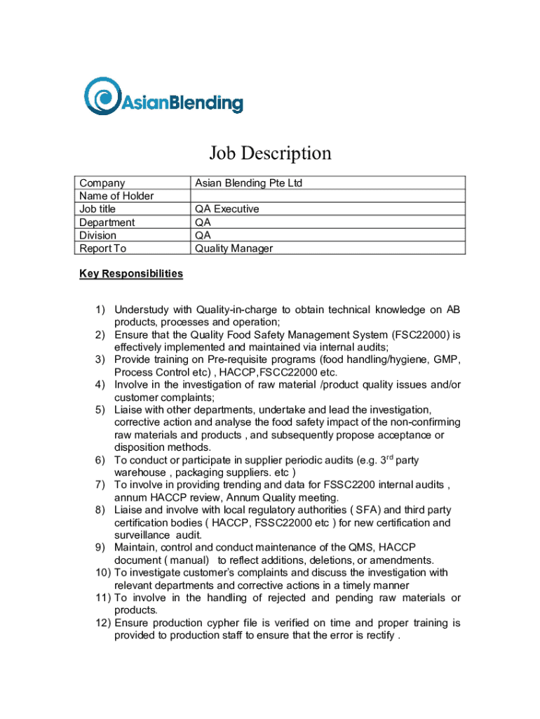 Fillable Online Manager Of Quality Assurance Job Description +TEMPLATE