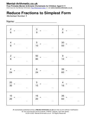 Fillable Online Reduce Fractions to Simplest Form - Free PDF Worksheet