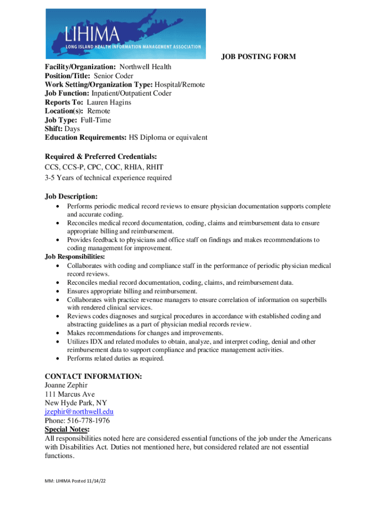 Fillable Online JOB POSTING FORM Northwell