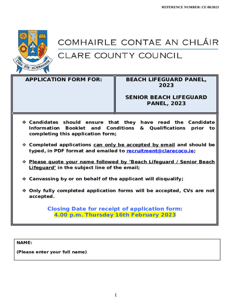 Application for Beach Lifeguard & Senior Beach Lifeguard Panel, 2023. Application for Beach