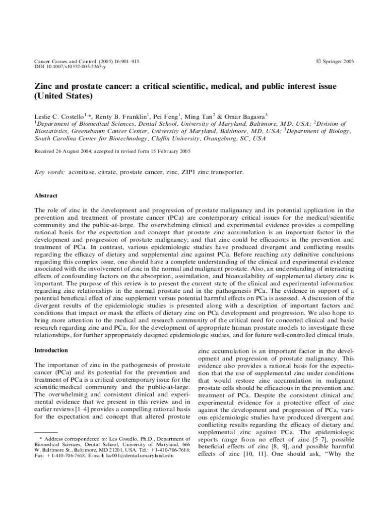 Fillable Online Zinc and prostate cancer a critical scientific