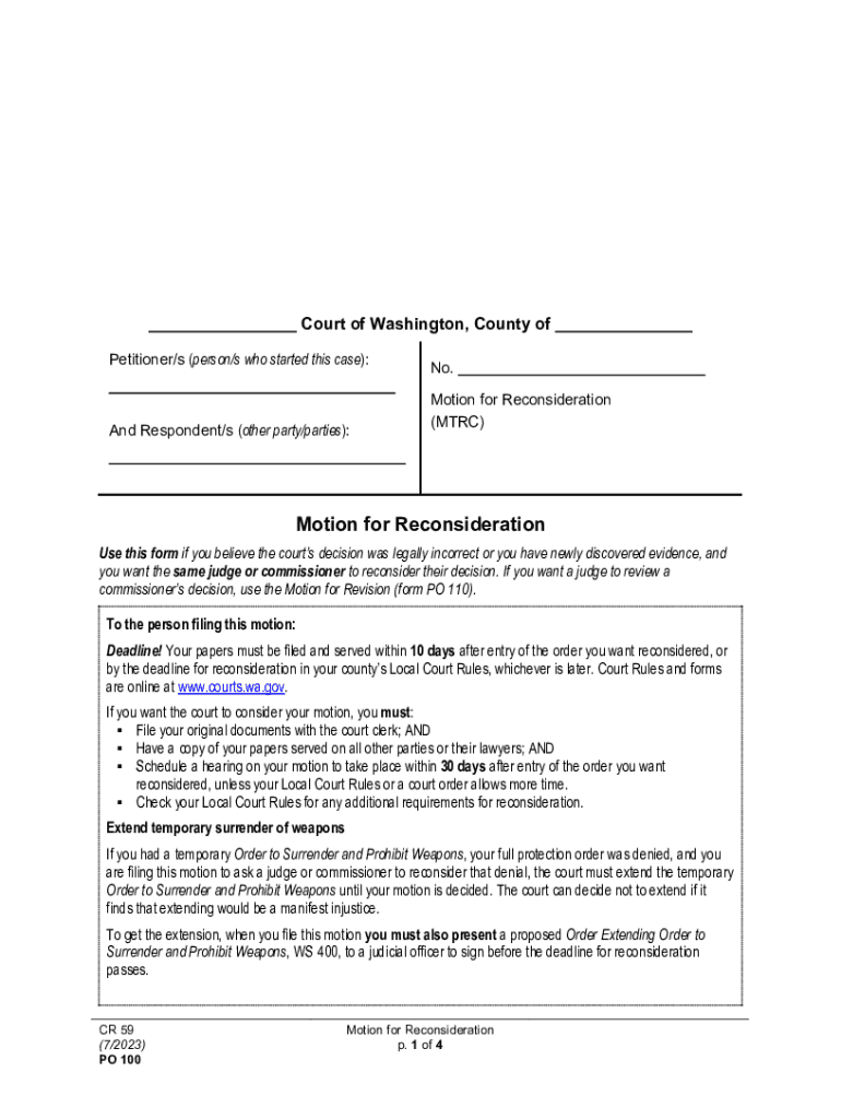 Fillable Online Motion for Reconsideration Washington State Courts