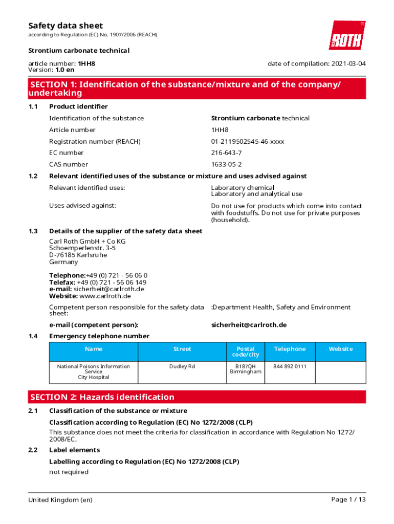 Fillable Online Safety Data Sheet Strontium carbonate Fax Email Print pdfFiller