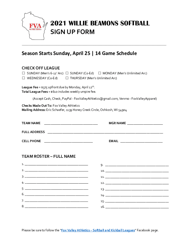 Fillable Online WILLIE BEAMONS SOFTBALL/KICKBALL SIGN UP FORM Fax Email