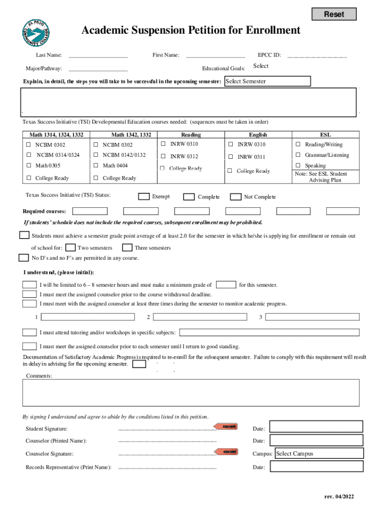 Fillable Online Academic Suspension Petition for Enrollment Fax Email