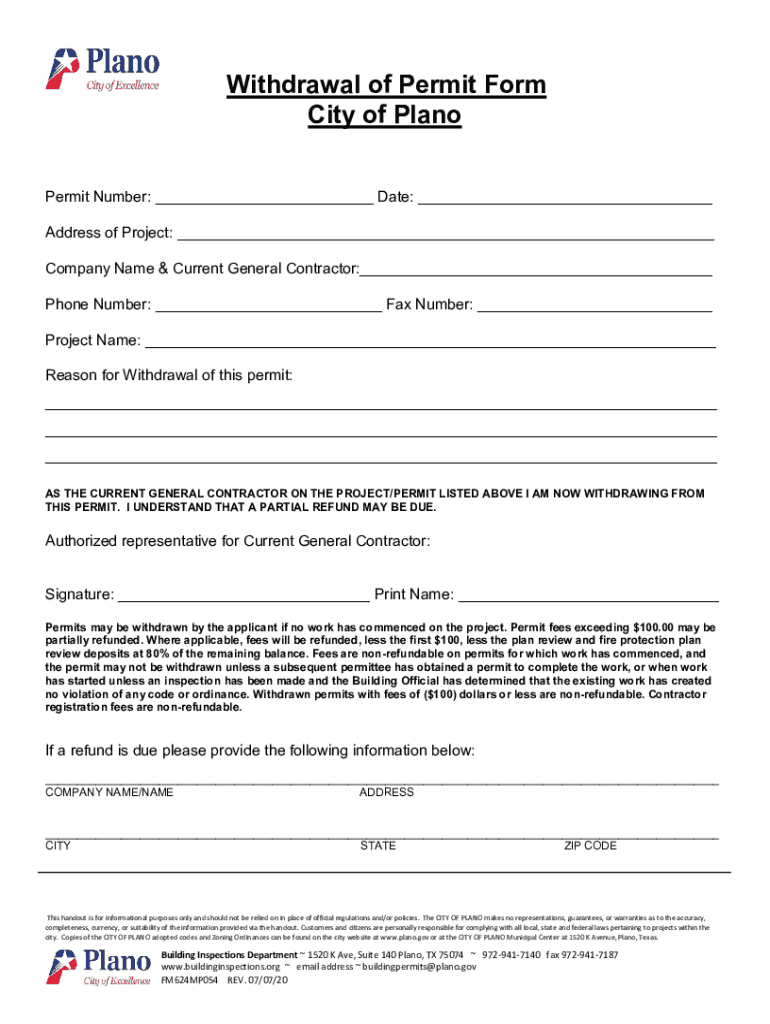 Fillable Online Withdrawal of Permit Form City of Plano Fax Email Print