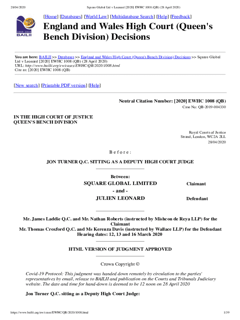 Fillable Online lexlaw co England and Wales High Court (Queen's Bench