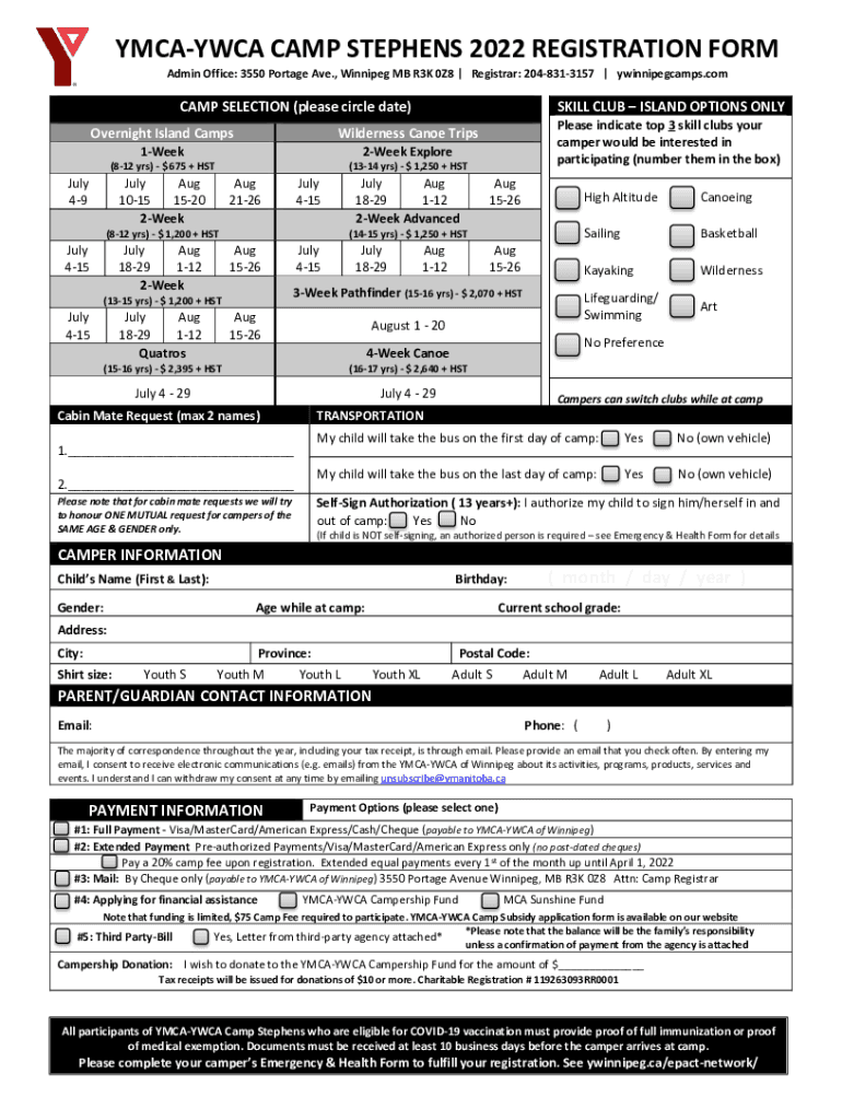Fillable Online YMCAYWCA CAMP STEPHENS REGISTRATION FORM Fax Email