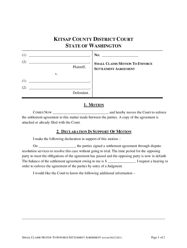 Fillable Online Small Claims Motion to Enforce Settlement Agreement Fax