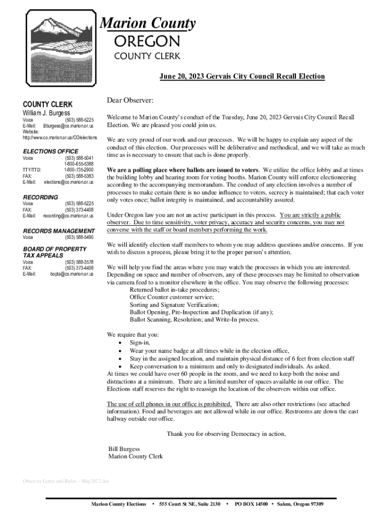 Fillable Online June 20, 2023 Gervais City Council Recall Election Fax