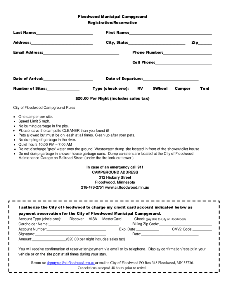 Fillable Online Municipal Campground City of Floodwood, Minnesota Fax