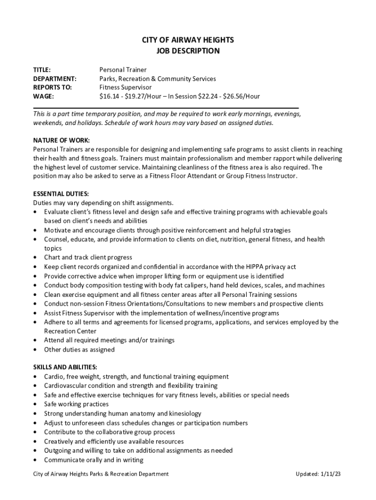 Fillable Online Parks Recreation Jobs, Employment in Airway Heights, WA Fax Email Print pdfFiller