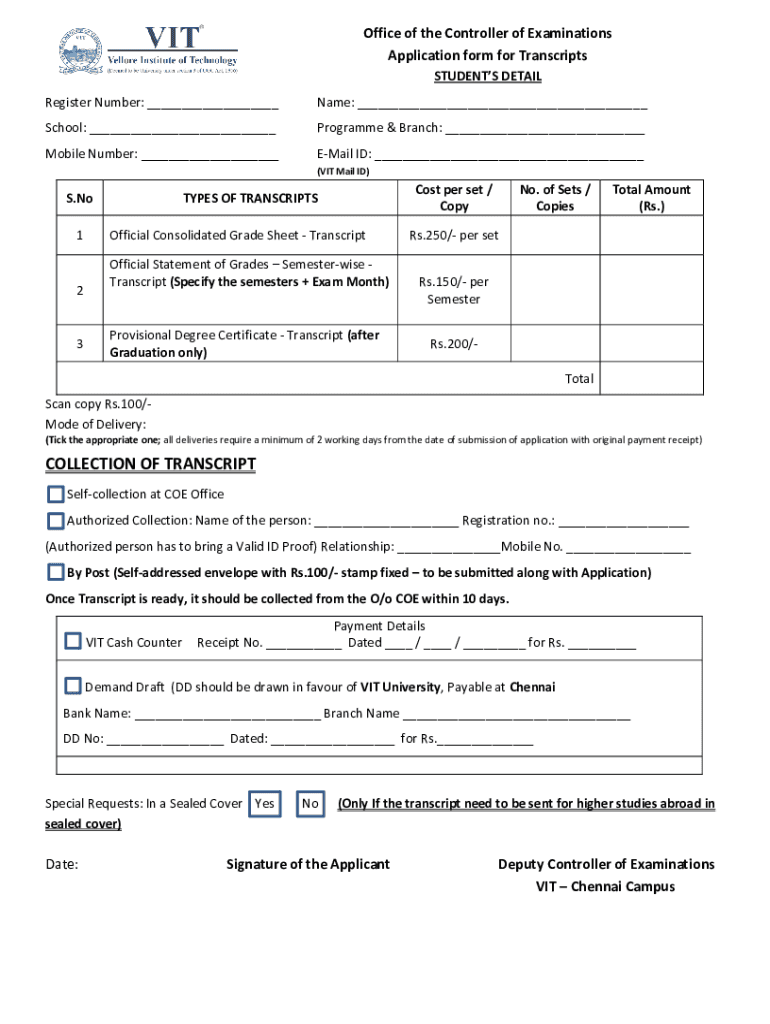 Fillable Online chennai vit ac Transcripts/VerificationsOffice of the